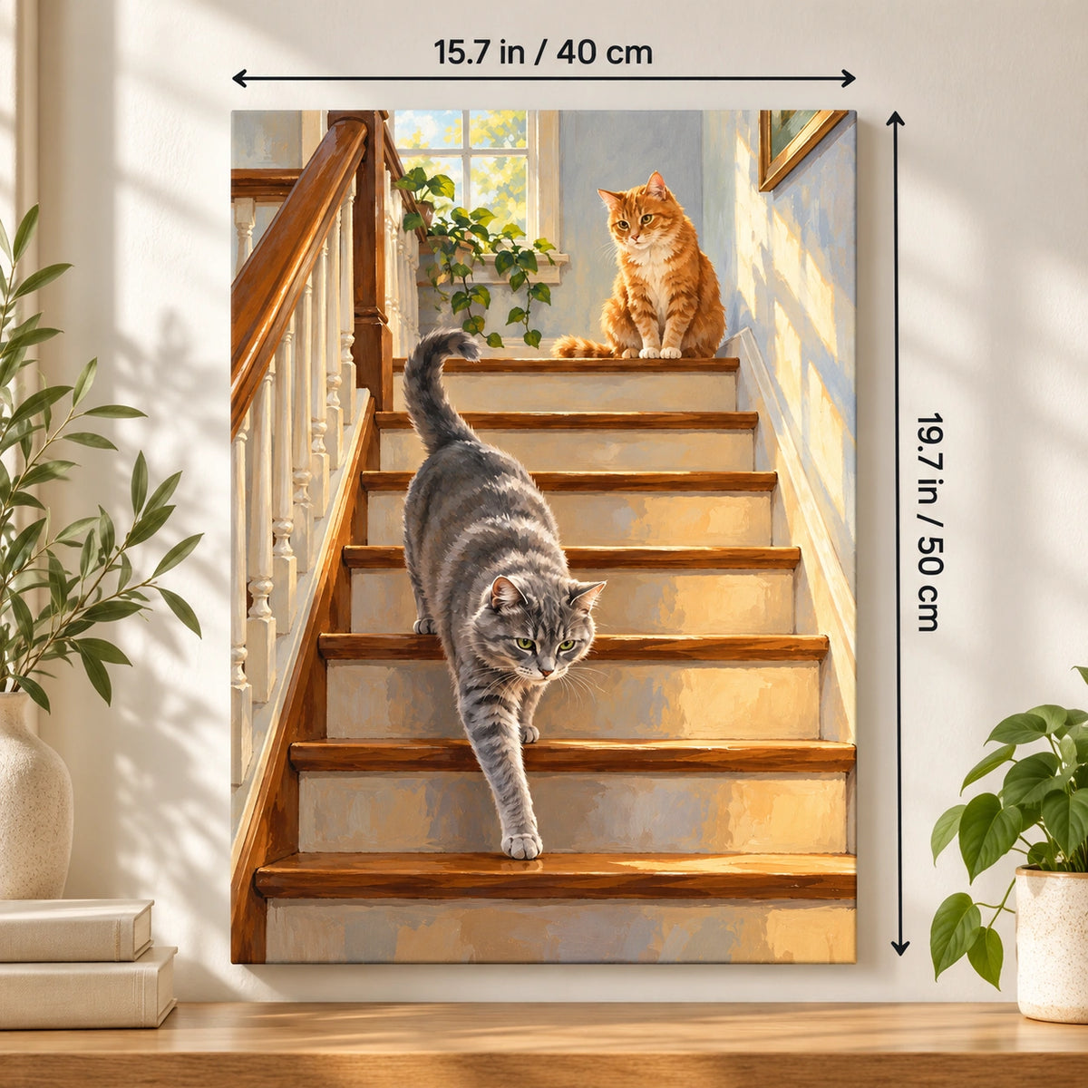 40 × 50 cm (15.7 × 19.7 in) size guide for Grey Cat and Orange Cat on a Staircase paint by numbers kit