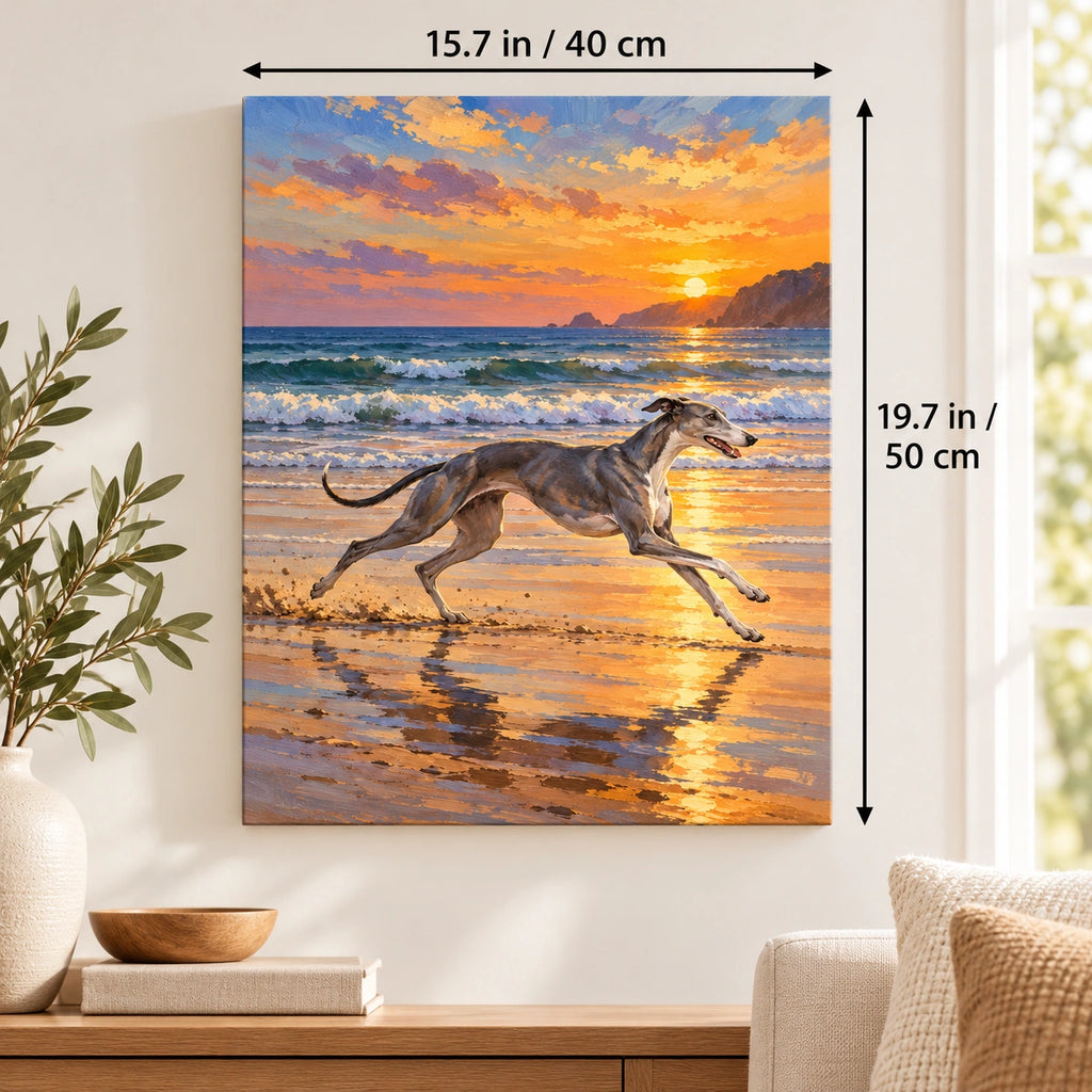 40 × 50 cm (15.7 × 19.7 in) size guide for Greyhound Running on a Beach at Sunset paint by numbers kit