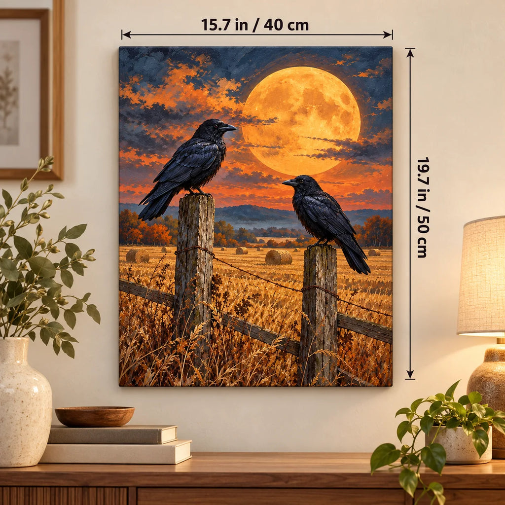 Halloween Black Crows Harvest Moon Paint by Numbers Kit shown in a styled room, sized 15.7 × 19.7 in (40 × 50 cm).