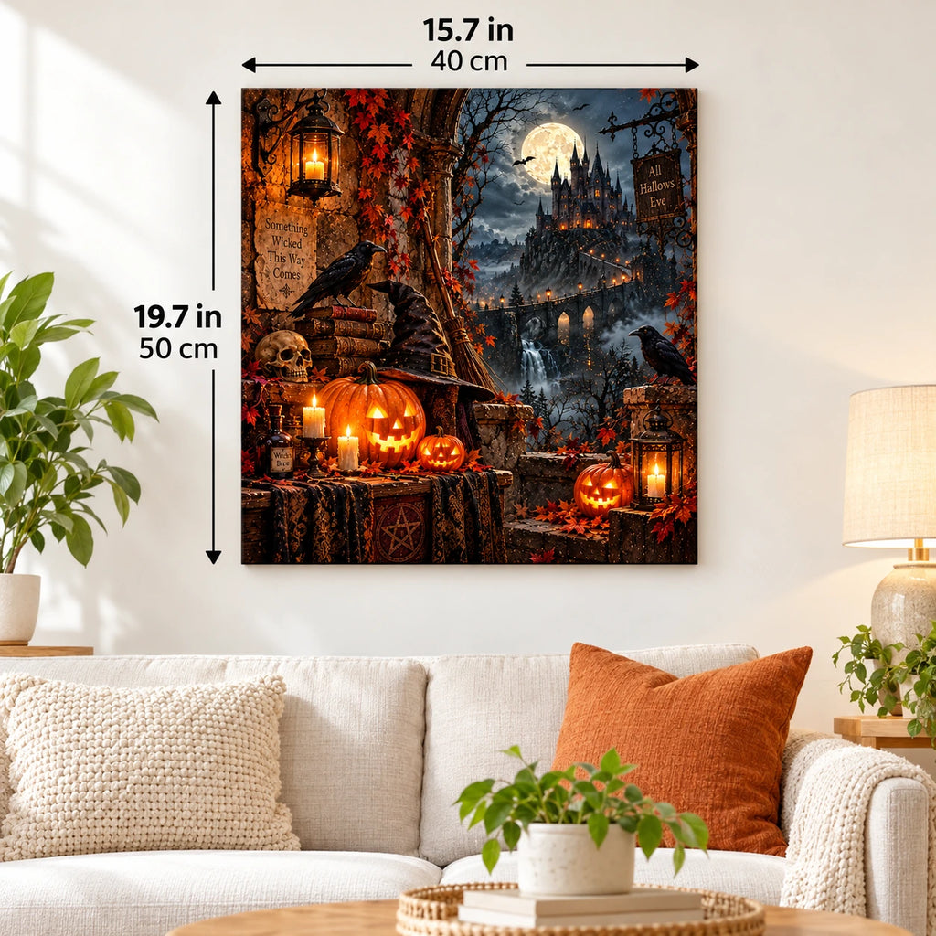 Halloween Eve at the Haunted Castle paint by numbers canvas displayed in a bright living room, 15.7 × 19.7 in / 40 × 50 cm