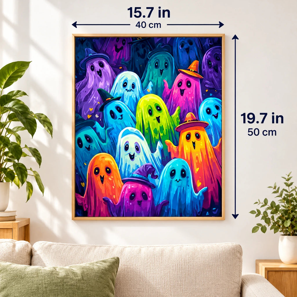 Halloween Ghost Parade paint by numbers canvas displayed in a bright living room, 15.7 × 19.7 in / 40 × 50 cm