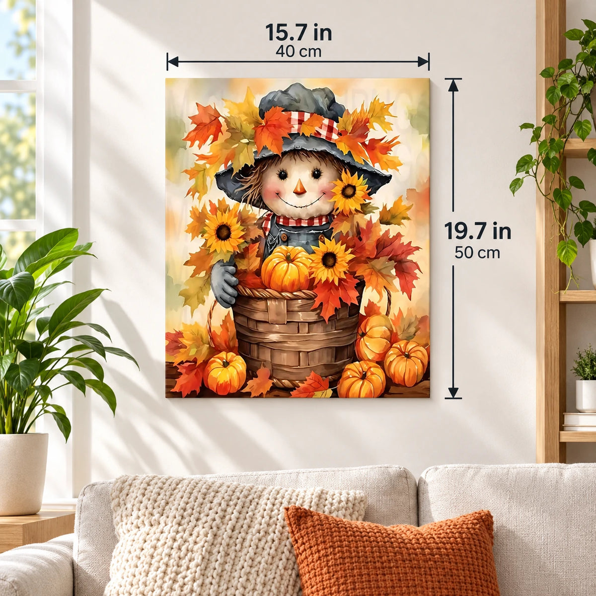 Harvest Basket Smile Gnome paint by numbers canvas displayed in a bright living room, 15.7 × 19.7 in / 40 × 50 cm