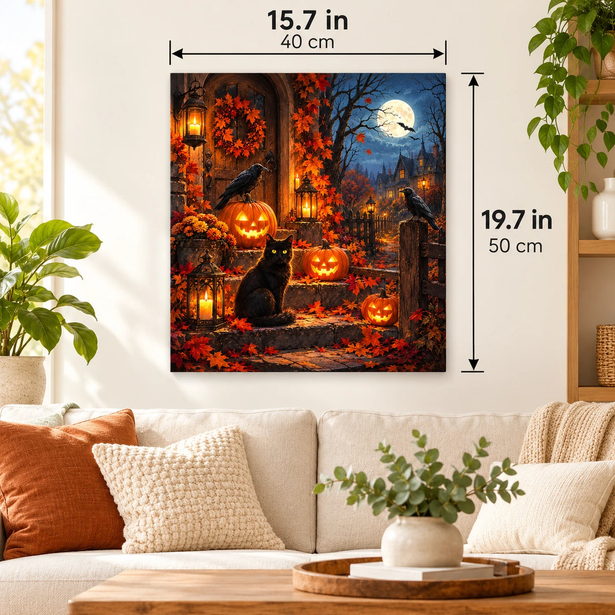 Harvest Night Guardians paint by numbers canvas displayed in a bright living room, 15.7 × 19.7 in / 40 × 50 cm