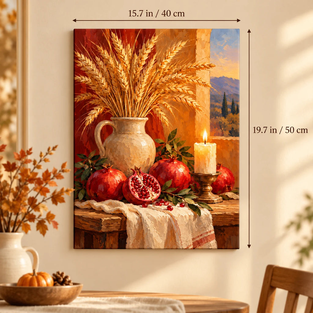 Harvest Table Pomegranates and Wheat Paint by Numbers Kit shown in a styled room, sized 15.7 × 19.7 in (40 × 50 cm).