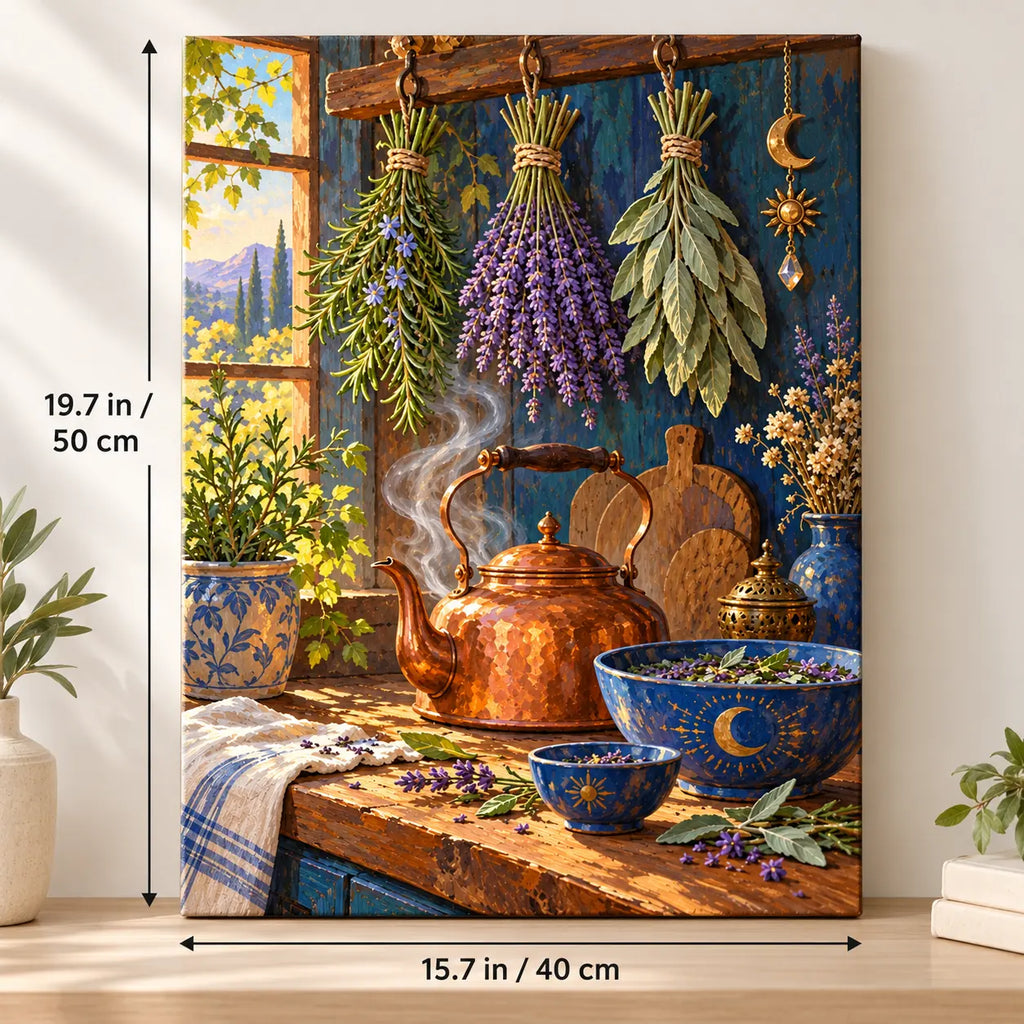 Portrait size guide for the Hanging Herb Bundles and Copper Kettle paint by numbers kit, 15.7 × 19.7 in (40 × 50 cm).