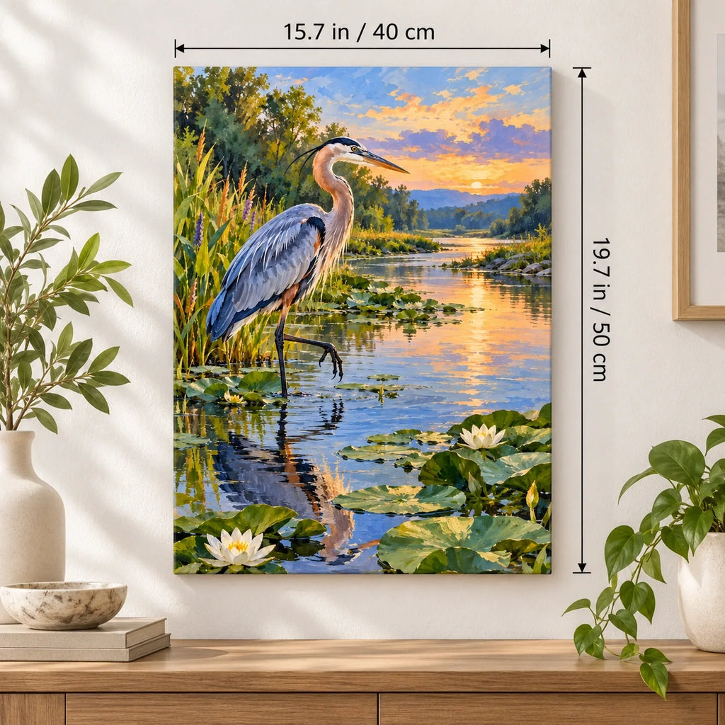 Heron Fishing Riverbank shown in a styled room with 15.7 × 19.7 in and 40 × 50 cm dimensions