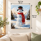 Holly Hat Snowman paint by numbers canvas displayed in a bright living room, 15.7 × 19.7 in / 40 × 50 cm