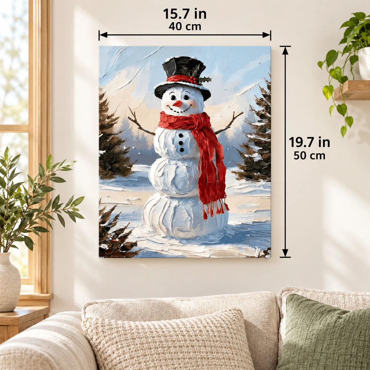Holly Hat Snowman paint by numbers canvas displayed in a bright living room, 15.7 × 19.7 in / 40 × 50 cm