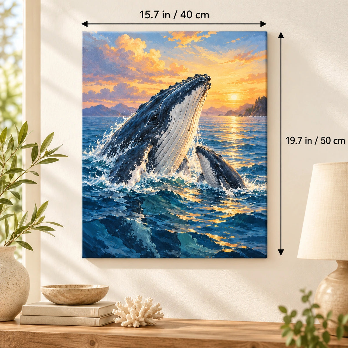 40 × 50 cm (15.7 × 19.7 in) size guide for Humpback Whale Calf Surfacing paint by numbers kit
