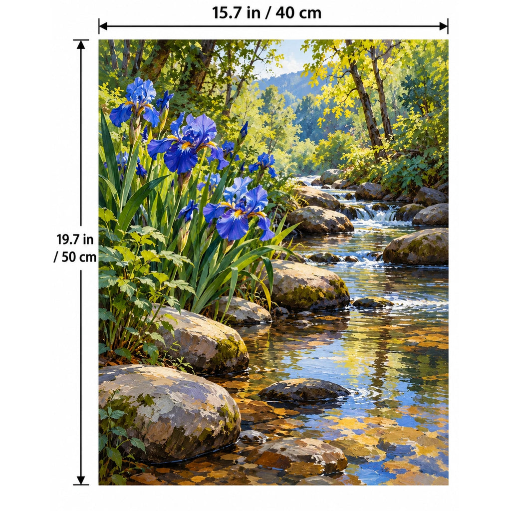 Iris Stream Bank paint by numbers canvas shown with 15.7 × 19.7 in (40 × 50 cm) dimensions