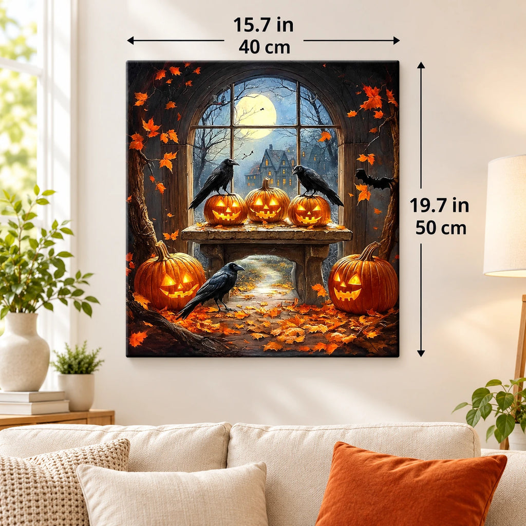 Jack O Lantern Gathering paint by numbers canvas displayed in a bright living room, 15.7 × 19.7 in / 40 × 50 cm