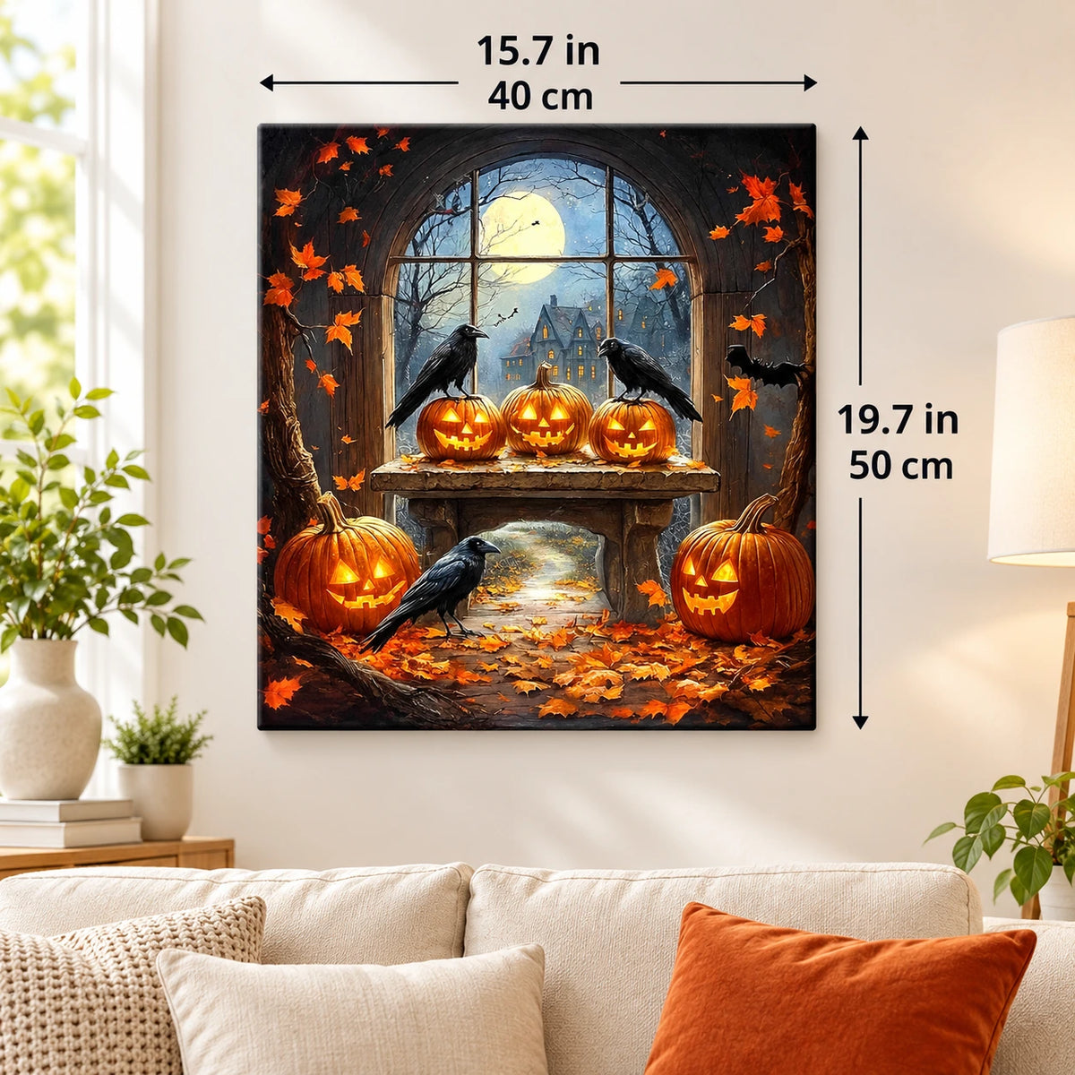 Jack O Lantern Gathering paint by numbers canvas displayed in a bright living room, 15.7 × 19.7 in / 40 × 50 cm