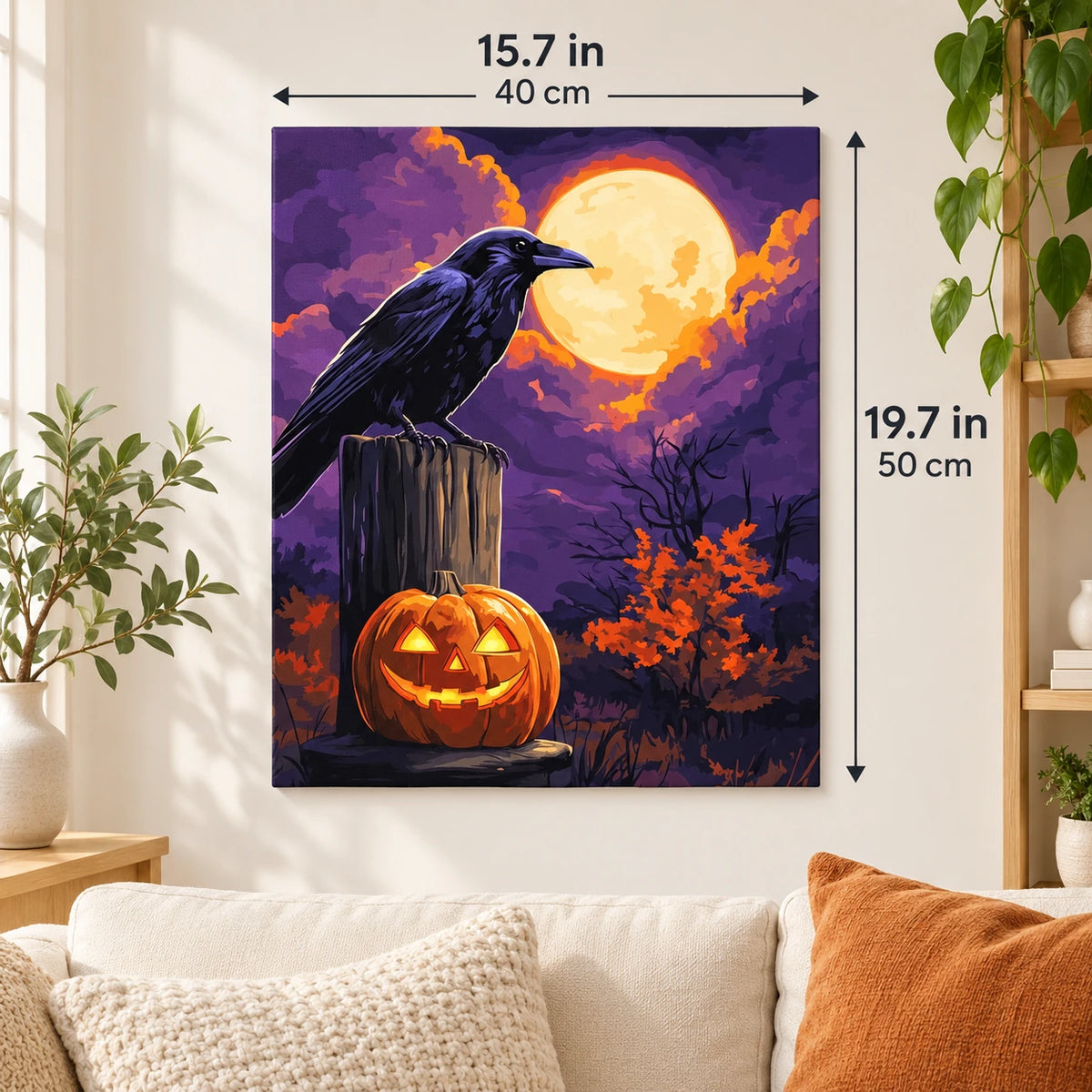 Jack O Lantern and Raven Vigil paint by numbers canvas displayed in a bright living room, 15.7 × 19.7 in / 40 × 50 cm