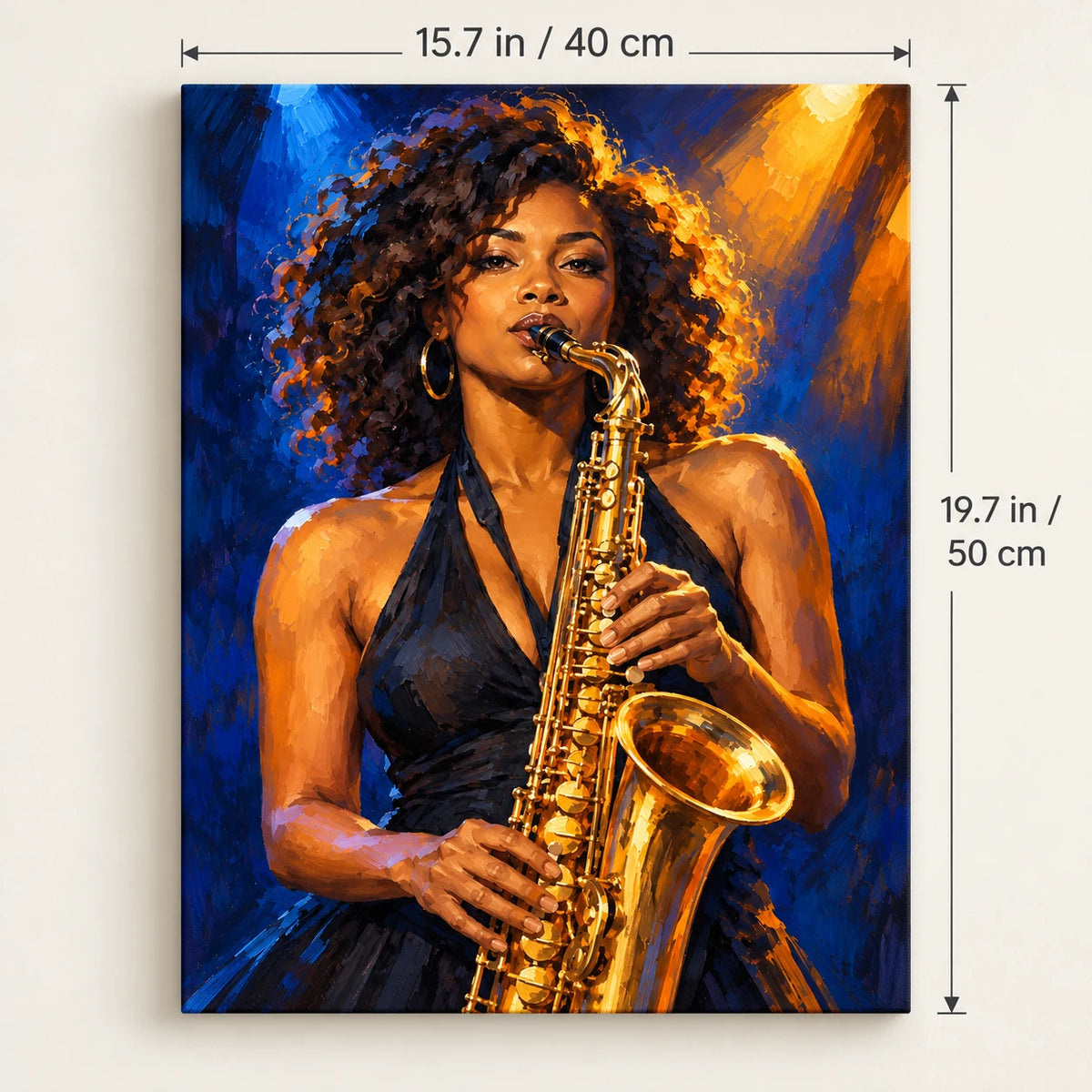 Portrait size guide for the Black Woman Jazz Saxophonist paint by numbers kit, 15.7 × 19.7 in (40 × 50 cm).