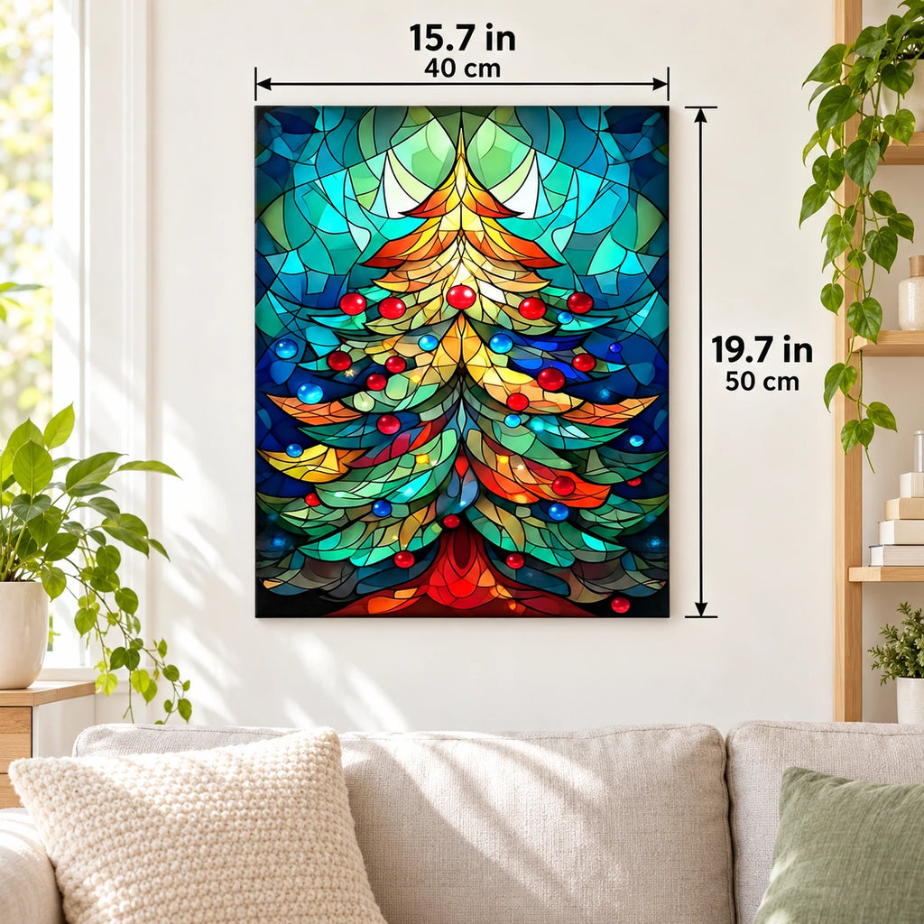 Jewel Toned Christmas Tree paint by numbers canvas displayed in a bright living room, 15.7 × 19.7 in / 40 × 50 cm