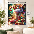 Jeweled Christmas Stocking paint by numbers canvas displayed in a bright living room, 15.7 × 19.7 in / 40 × 50 cm