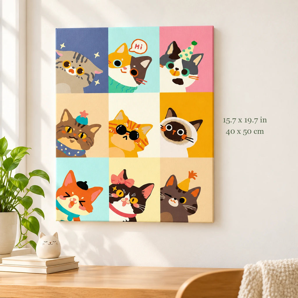 Kawaii Cat Face Collage paint by numbers canvas shown in a styled room with 15.7 x 19.7 in and 40 x 50 cm dimensions