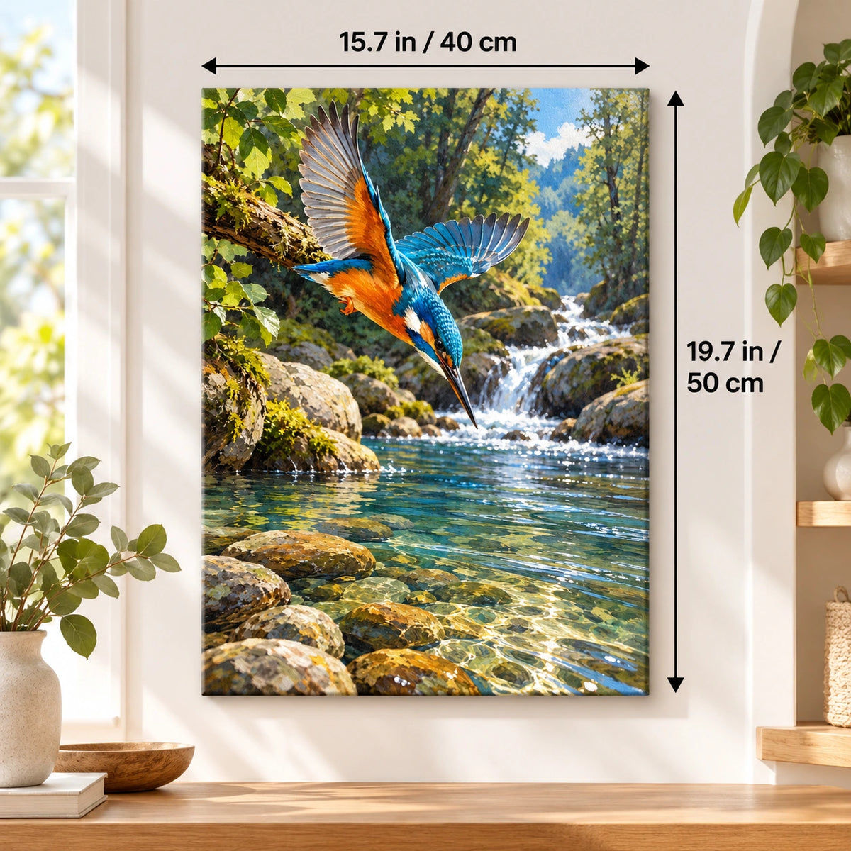 40 × 50 cm (15.7 × 19.7 in) size guide for Kingfisher over a Clear Creek paint by numbers kit