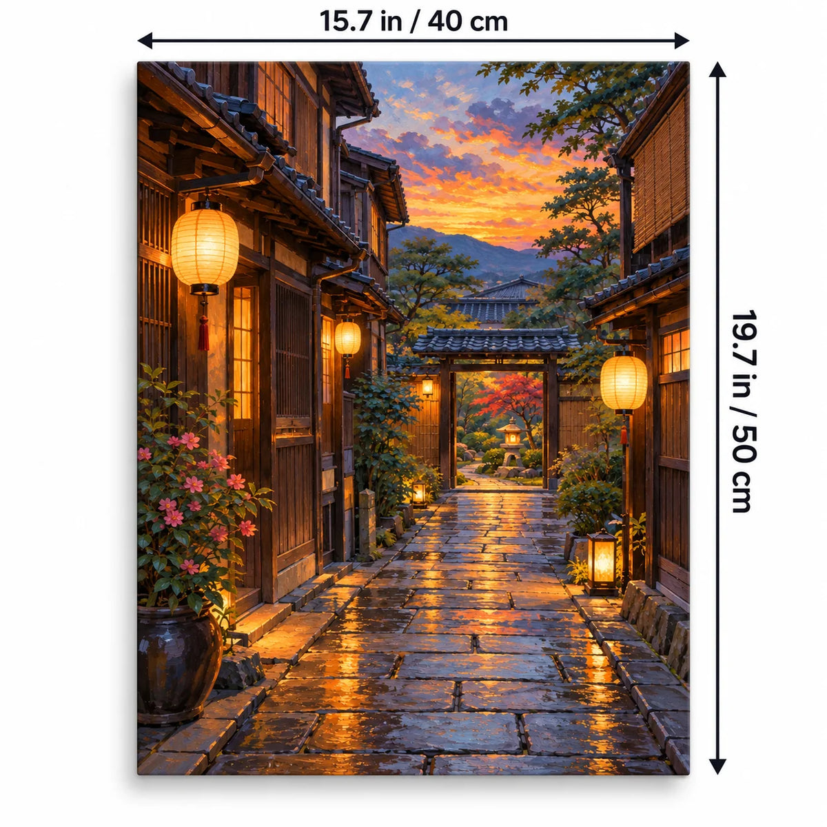 Portrait 40 × 50 cm size guide for the kyoto wooden machiya lanterns paint by numbers kit.