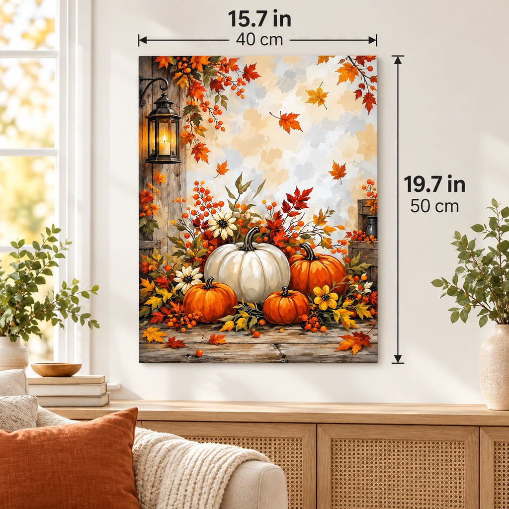 Lantern Light and Autumn Bounty paint by numbers canvas displayed in a bright living room, 15.7 × 19.7 in / 40 × 50 cm
