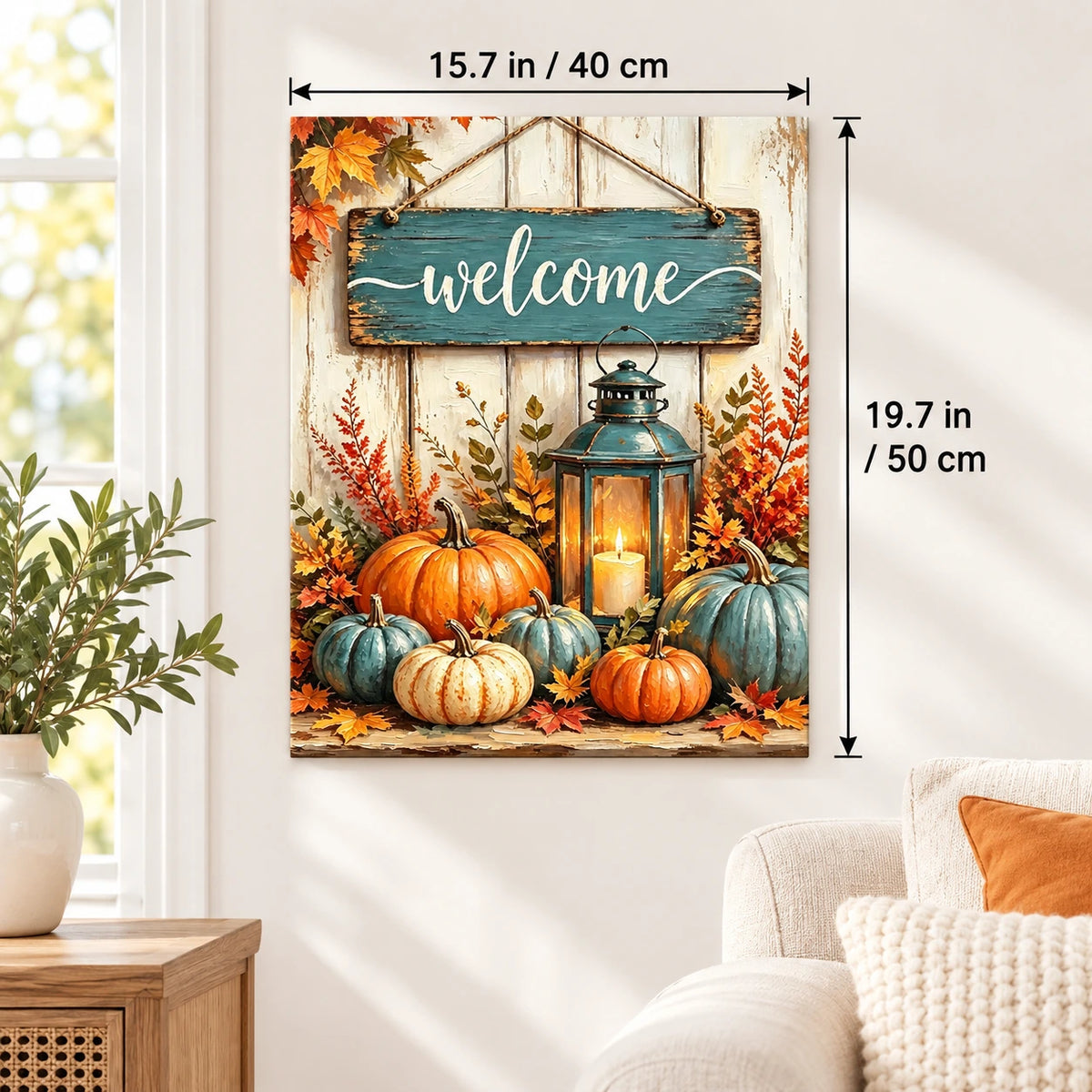 Lantern Light on an Autumn Table paint by numbers canvas displayed in a bright living room, 15.7 × 19.7 in / 40 × 50 cm
