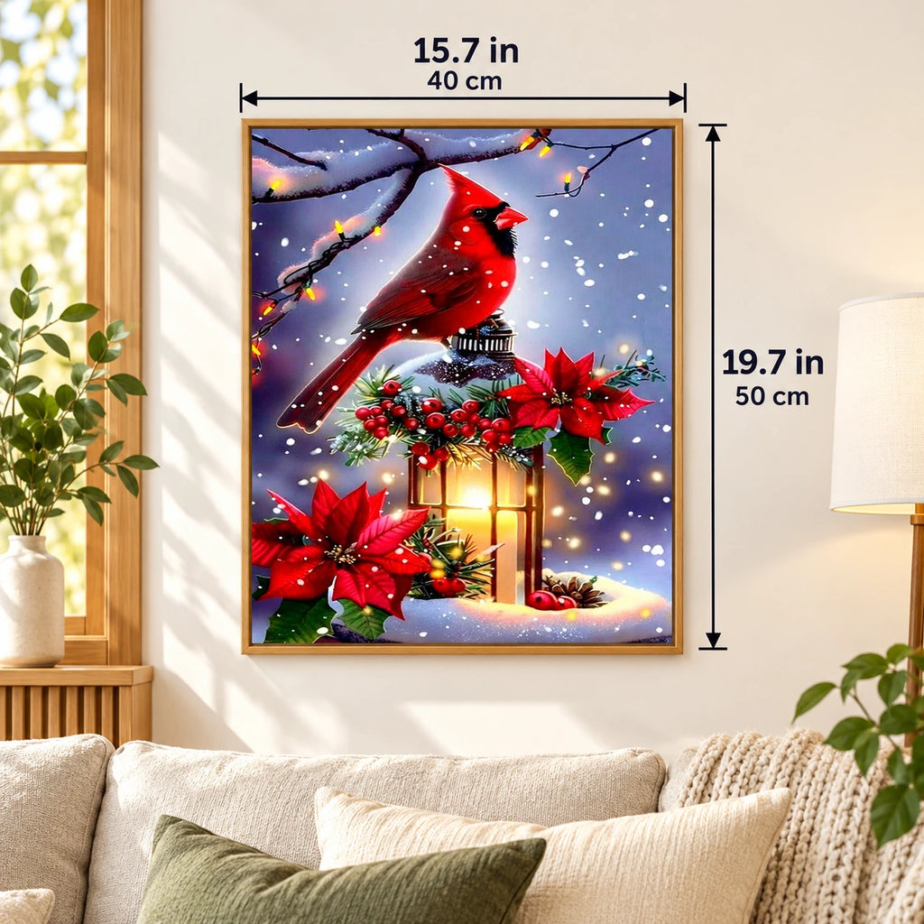 Lantern Snowfall Cardinal paint by numbers canvas displayed in a bright living room, 15.7 × 19.7 in / 40 × 50 cm