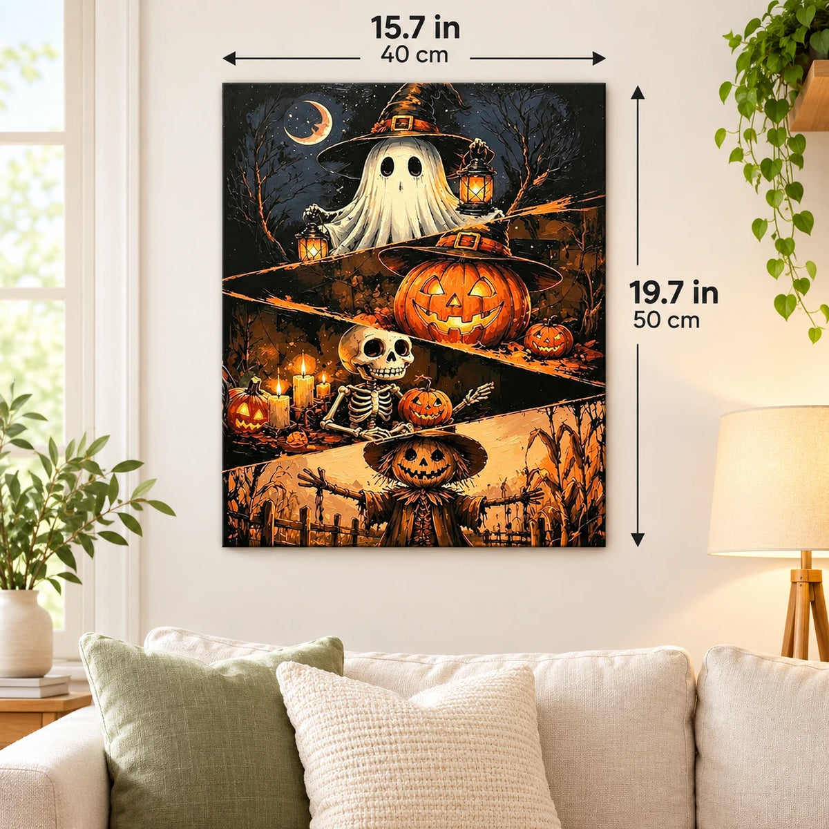 Lantern Spirits and Pumpkin Watcher paint by numbers canvas displayed in a bright living room, 15.7 × 19.7 in / 40 × 50 cm