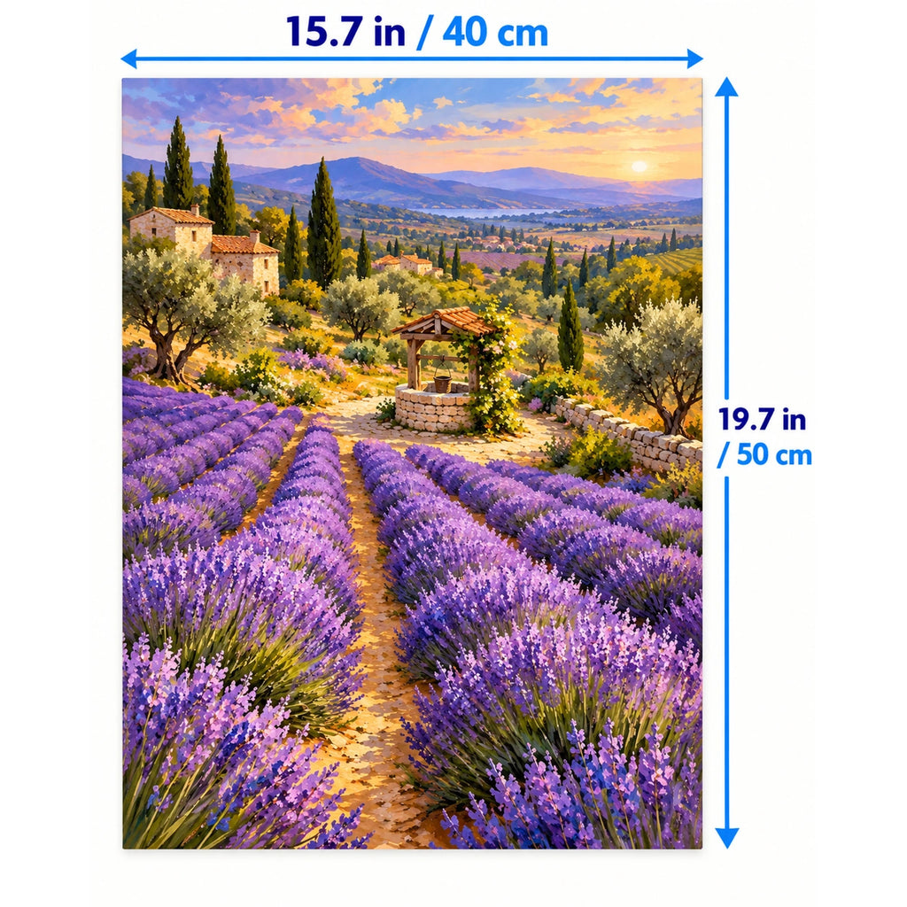 Lavender Rows Stone Well paint by numbers canvas shown in a styled room with 15.7 × 19.7 in (40 × 50 cm) dimensions