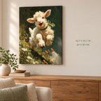 Leaping Lamb in Flower Meadow paint by numbers canvas shown in a styled room with 15.7 x 19.7 in and 40 x 50 cm dimensions