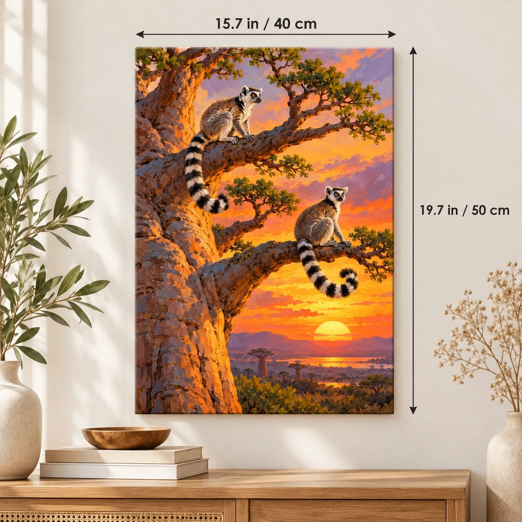 Lemurs Baobab Sunset shown in a styled room with 15.7 × 19.7 in and 40 × 50 cm dimensions
