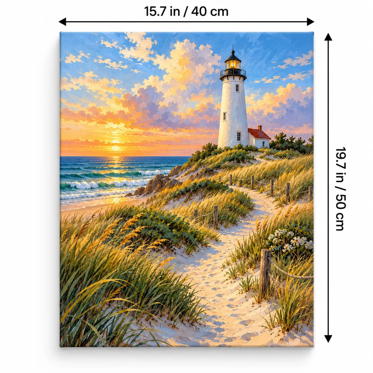 Portrait 40 × 50 cm size guide for the lighthouse dune grass paint by numbers kit.