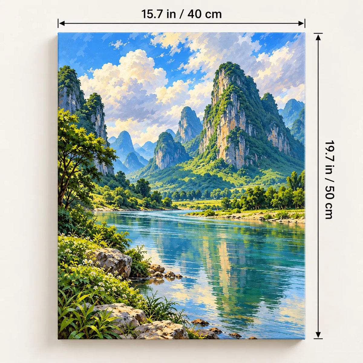 Portrait 40 × 50 cm size guide for the limestone karst clouds paint by numbers kit.