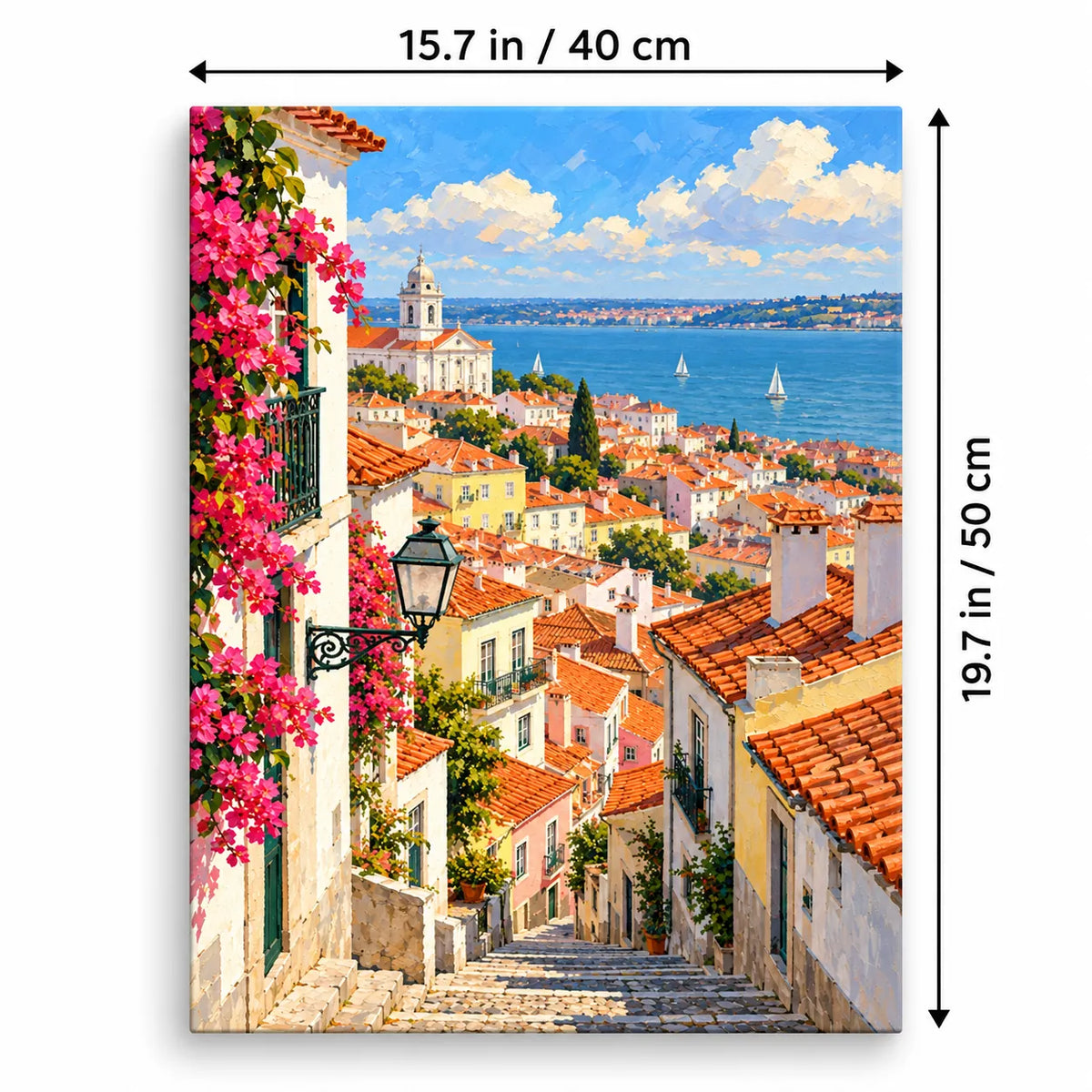 Portrait 40 × 50 cm size guide for the lisbon rooftop river view paint by numbers kit.
