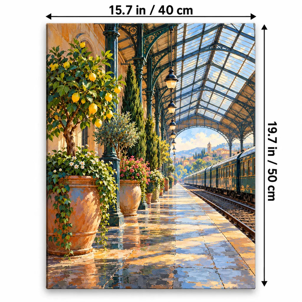 Portrait 40 × 50 cm size guide for the london greenhouse train platform paint by numbers kit.
