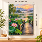 Lotus Pond Morning Mist paint by numbers canvas shown in a styled room with 15.7 × 19.7 in (40 × 50 cm) dimensions