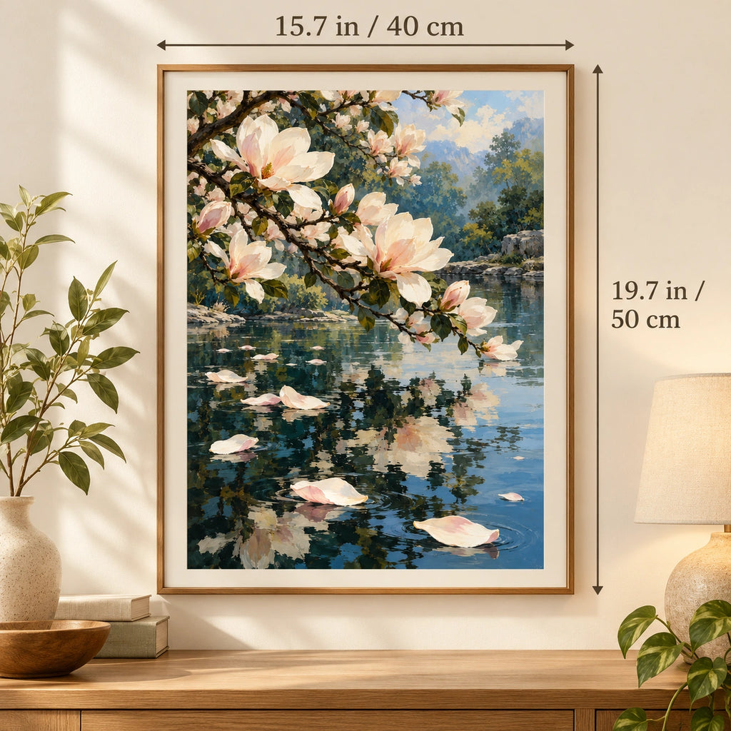 Magnolia Petals on Pond paint by numbers canvas shown with 15.7 × 19.7 in (40 × 50 cm) dimensions