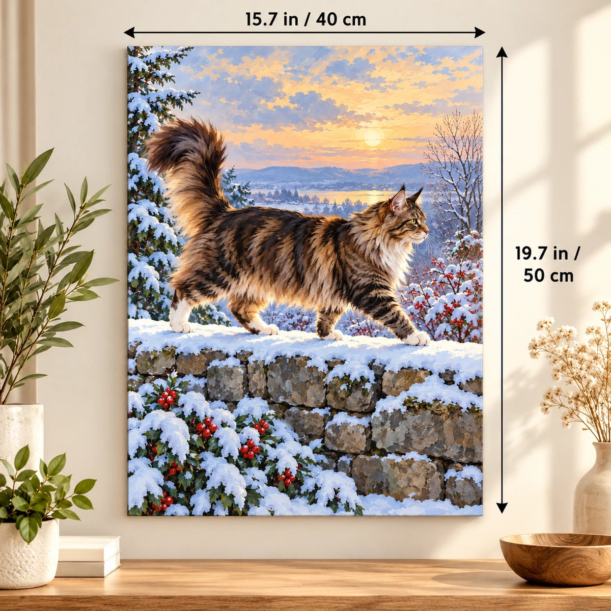 40 × 50 cm (15.7 × 19.7 in) size guide for Maine Coon by a Snowy Stone Wall paint by numbers kit