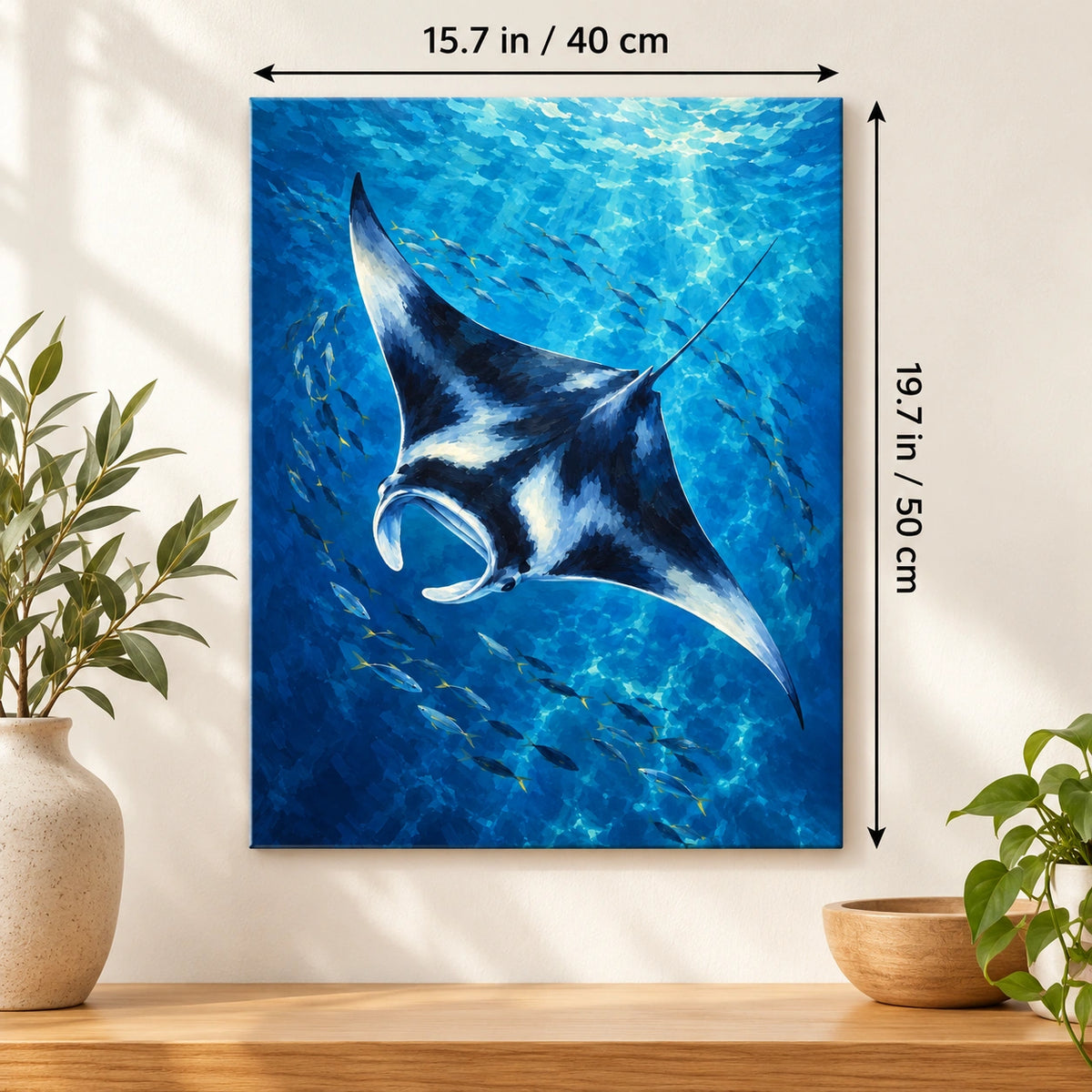 40 × 50 cm (15.7 × 19.7 in) size guide for Manta Ray in Blue Water paint by numbers kit