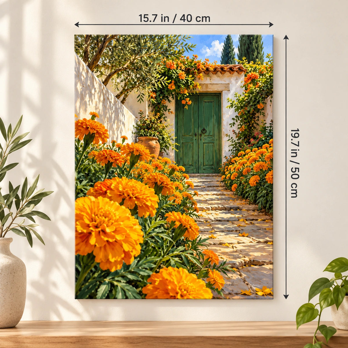 Marigold Courtyard Gate paint by numbers canvas shown in a styled room with 15.7 × 19.7 in (40 × 50 cm) dimensions.