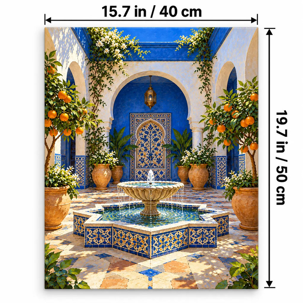 Portrait 40 × 50 cm size guide for the marrakesh blue roof courtyard paint by numbers kit.