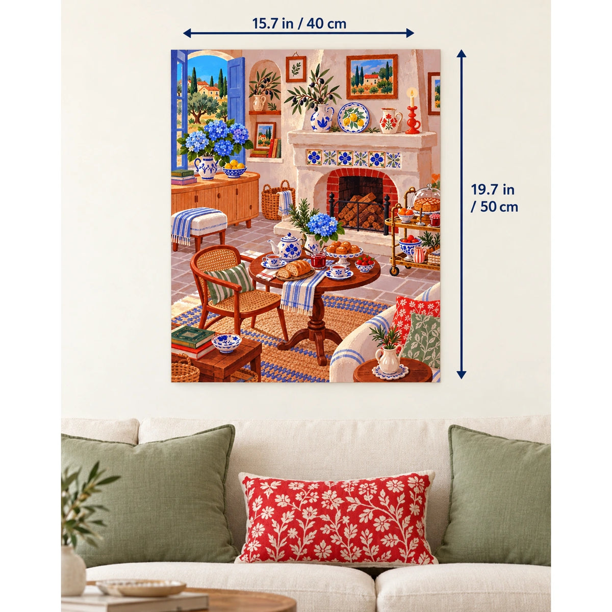 Mediterranean Blue Tile Fireplace Tea Room canvas in a styled room, 15.7 × 19.7 in / 40 × 50 cm