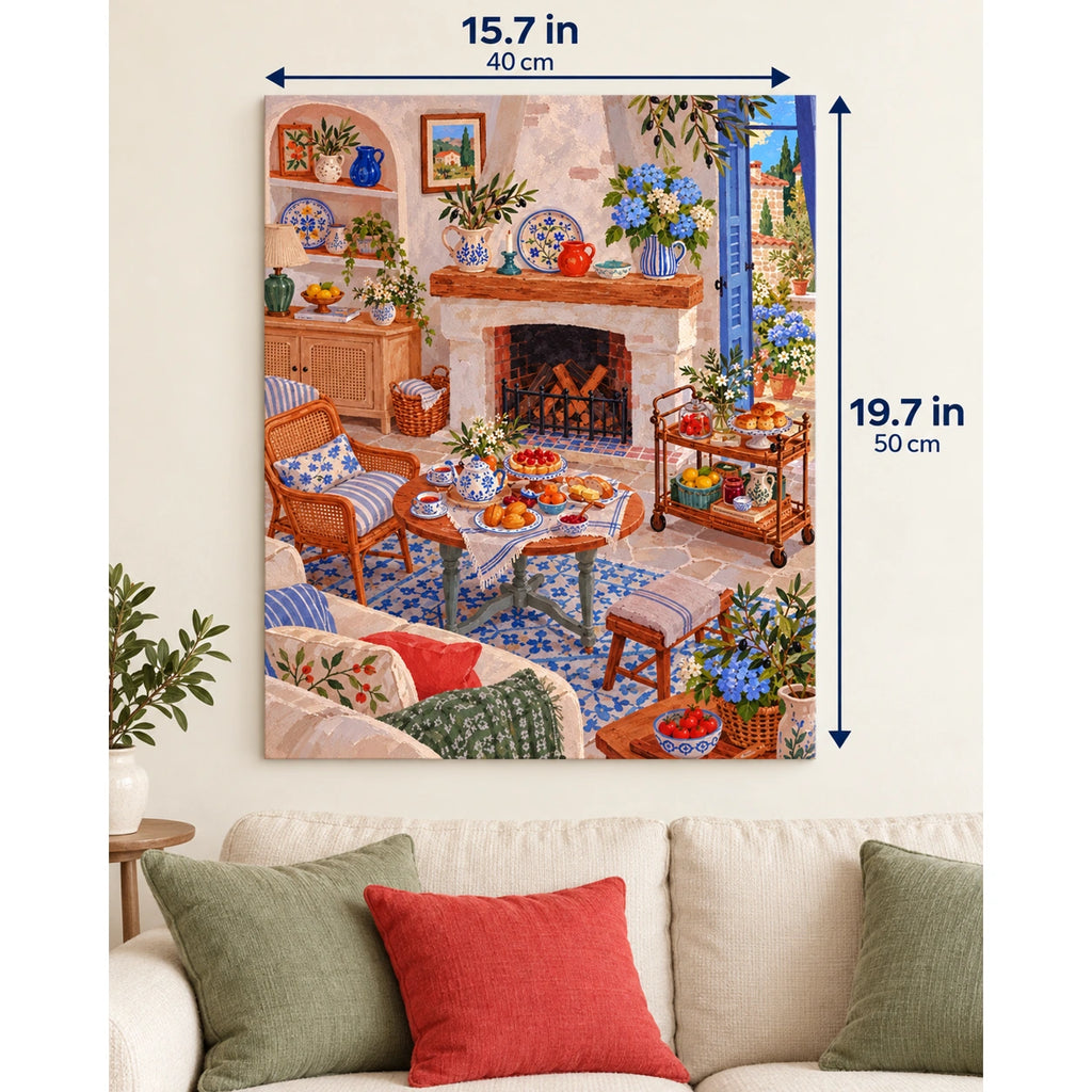 Mediterranean Hydrangea Fireplace and Tea Cart canvas in a styled room, 15.7 × 19.7 in / 40 × 50 cm