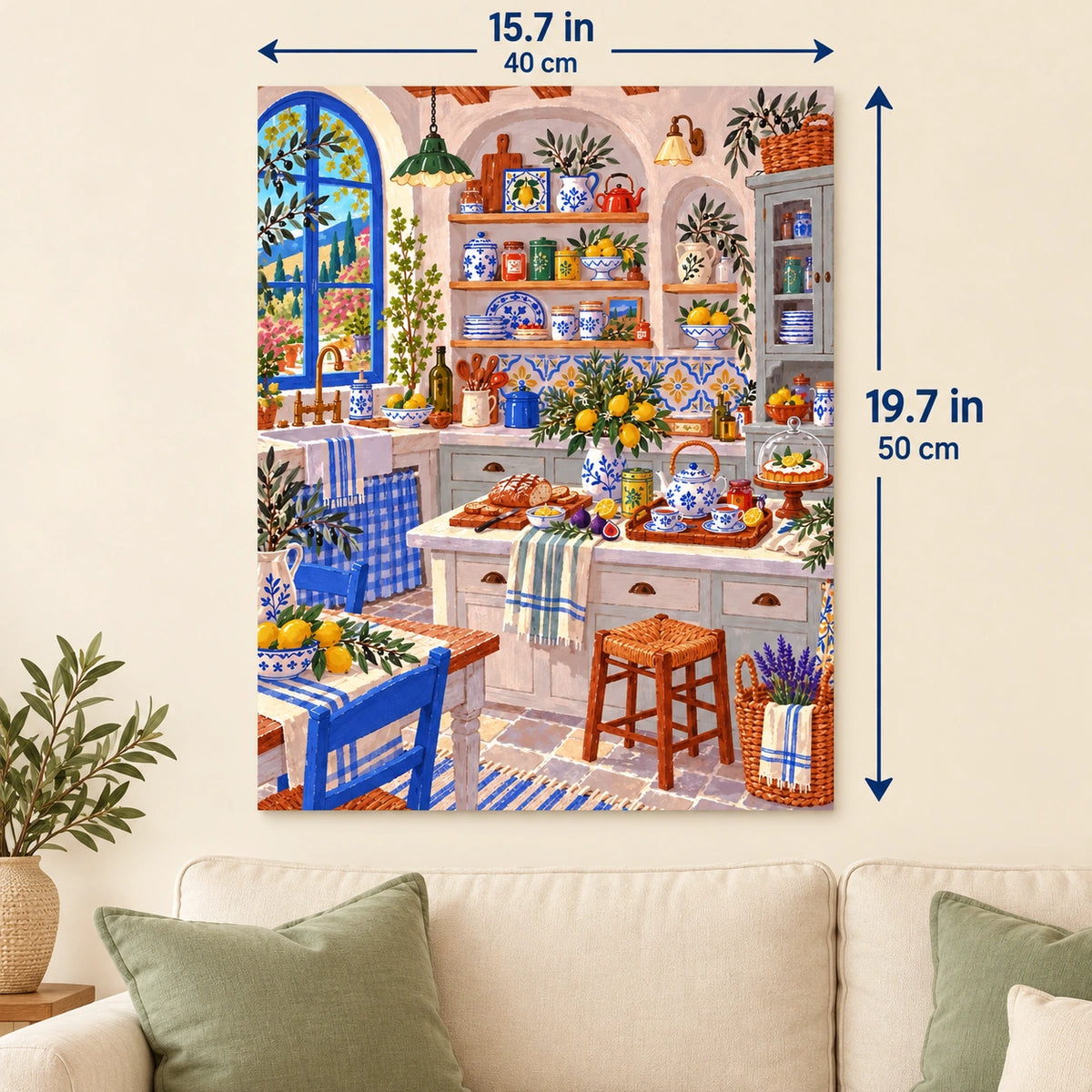 Mediterranean Lemon and Blue Porcelain Kitchen canvas in a styled room, 15.7 × 19.7 in / 40 × 50 cm