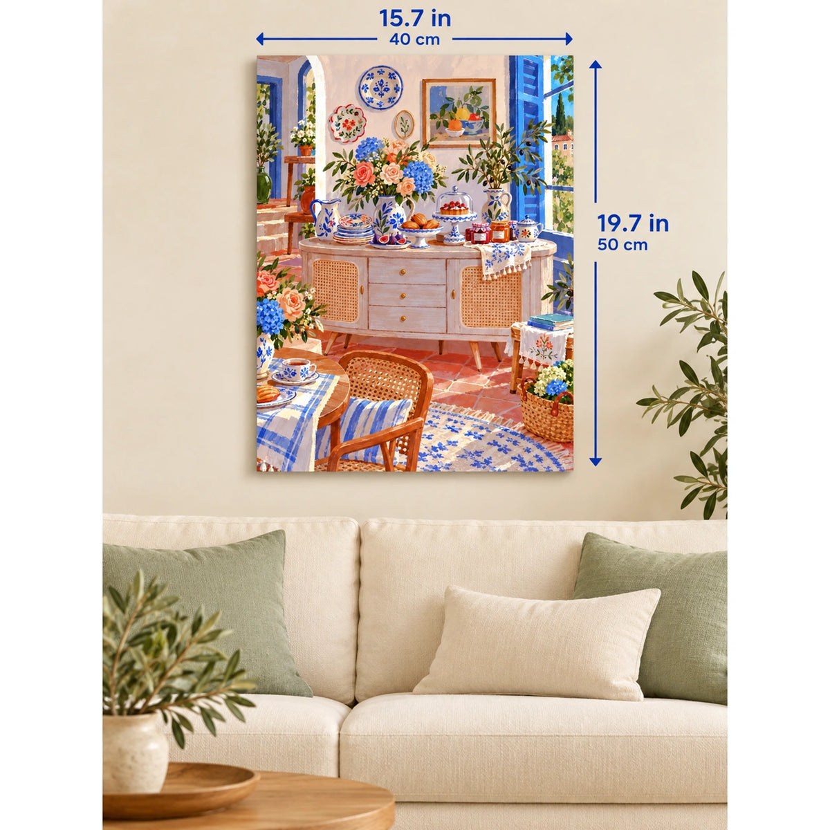 Mediterranean Rose and Hydrangea Sideboard canvas in a styled room, 15.7 × 19.7 in / 40 × 50 cm