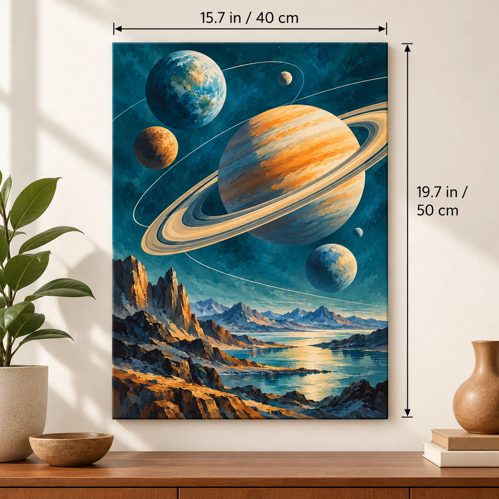 Portrait size guide for the Midcentury Orbiting Planets paint by numbers kit, 15.7 × 19.7 in (40 × 50 cm).
