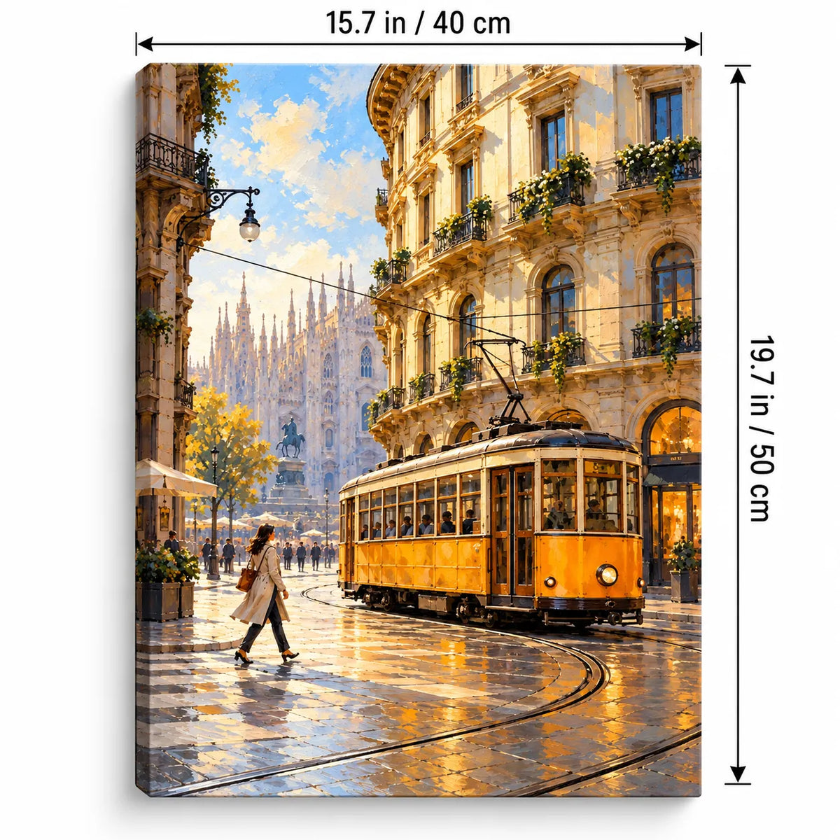 Portrait 40 × 50 cm size guide for the milan tram corner evening paint by numbers kit.