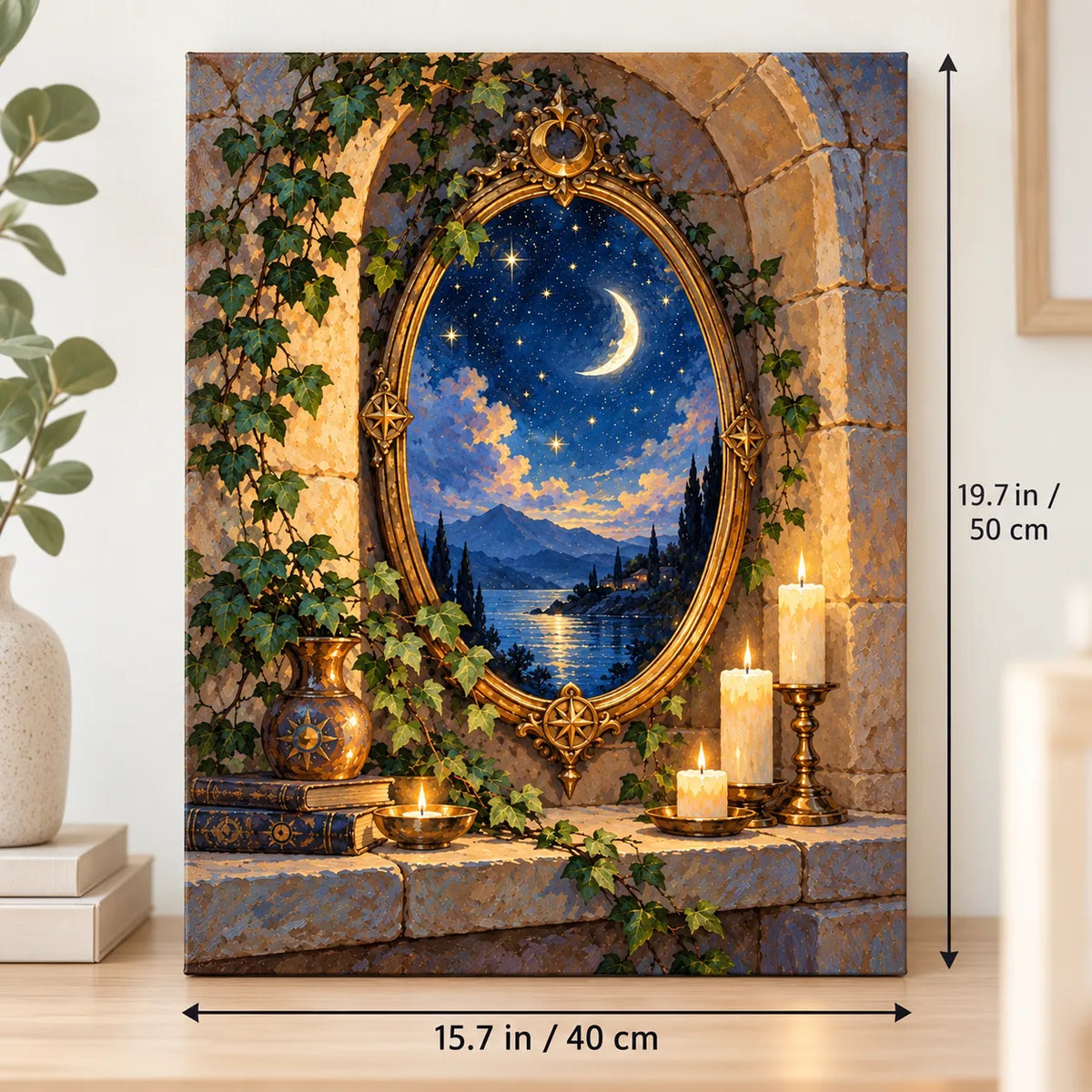 Portrait size guide for the Moonlit Mirror to a Crescent Lake paint by numbers kit, 15.7 × 19.7 in (40 × 50 cm).