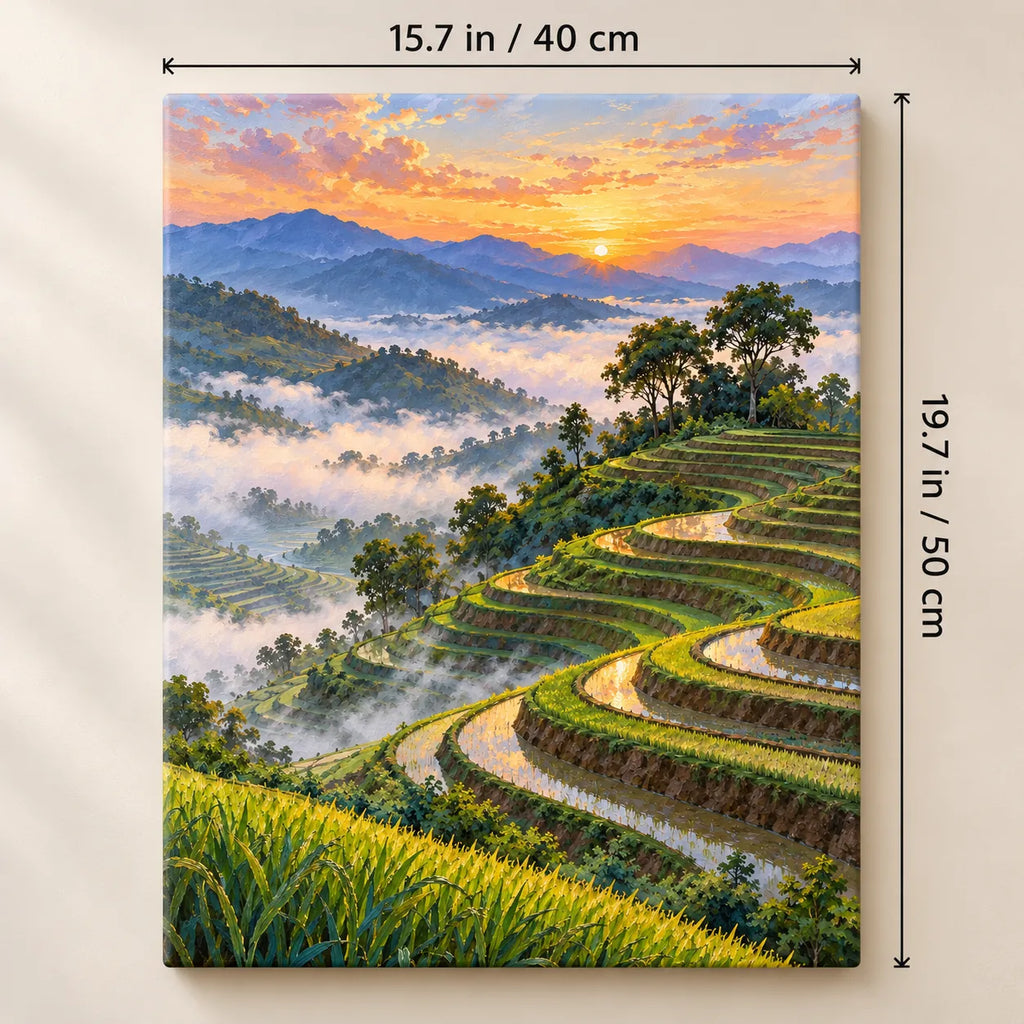 Mist Over Rice Terraces shown in a styled room with 15.7 × 19.7 in and 40 × 50 cm dimensions