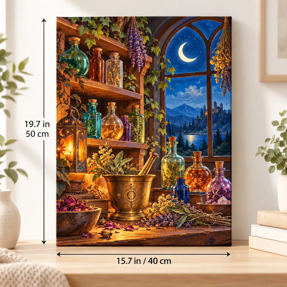 Portrait size guide for the Moonlit Apothecary Potion Bottles paint by numbers kit, 15.7 × 19.7 in (40 × 50 cm).