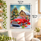 Moonlit Christmas Arrival Red Truck paint by numbers canvas displayed in a bright living room, 15.7 × 19.7 in / 40 × 50 cm